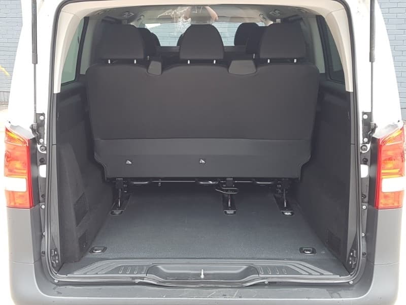 Mercedes Vito minibus boot space with folding rear seats, viewed from the rear doors